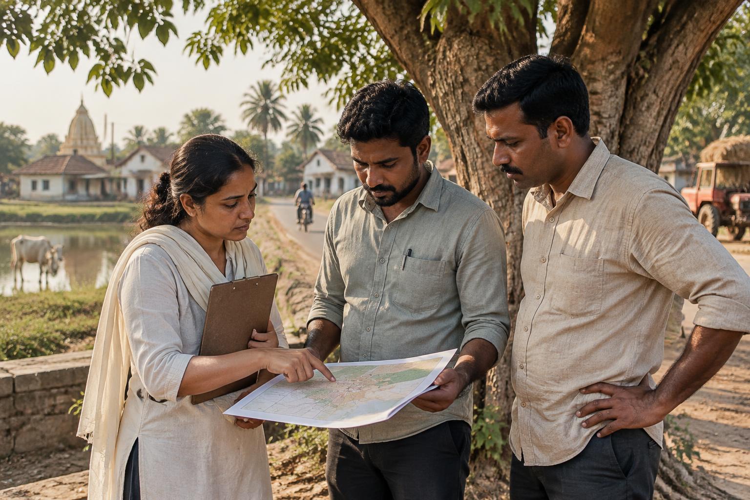 Field coordinators reviewing a local map in an Indian village